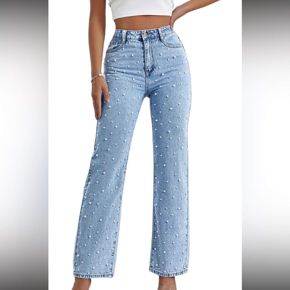 Blue Pearl-Embellished Women's Jeans